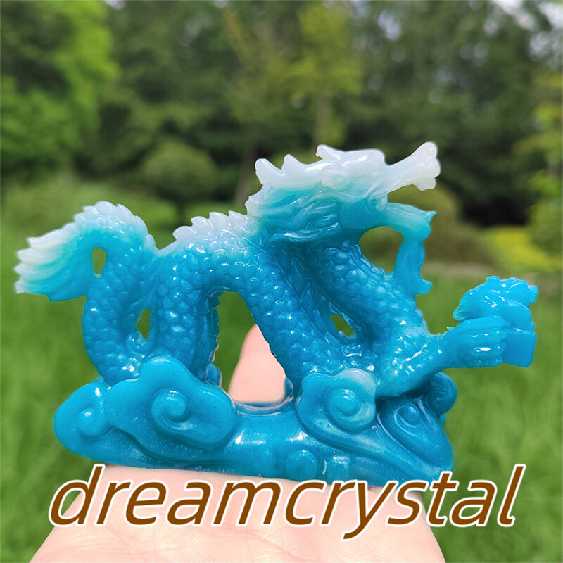 4″ Blue Luminous Stone Sculpture Chinese Dragon Resin Sculpture Skull Gift 1pc
