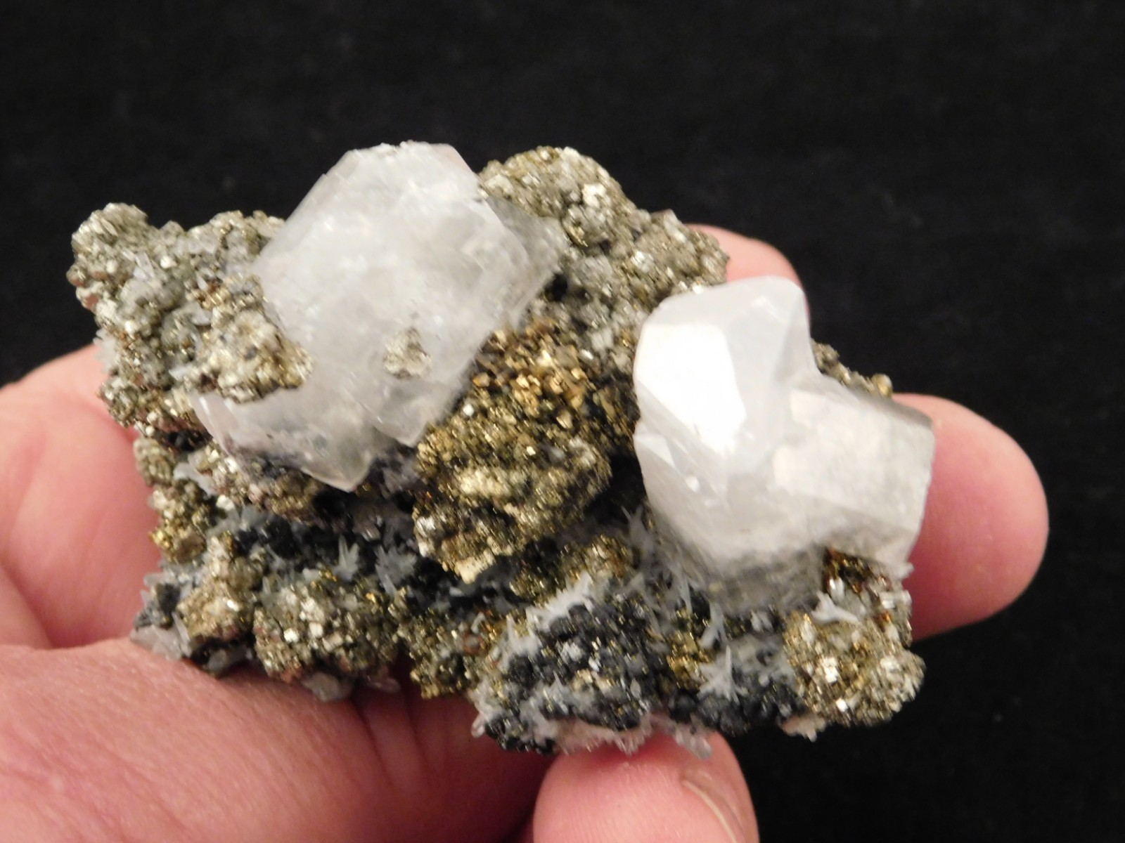 FLUORESCENT Calcite Crystal Cluster with Druzy Pyrite Crystals Peru 161gr