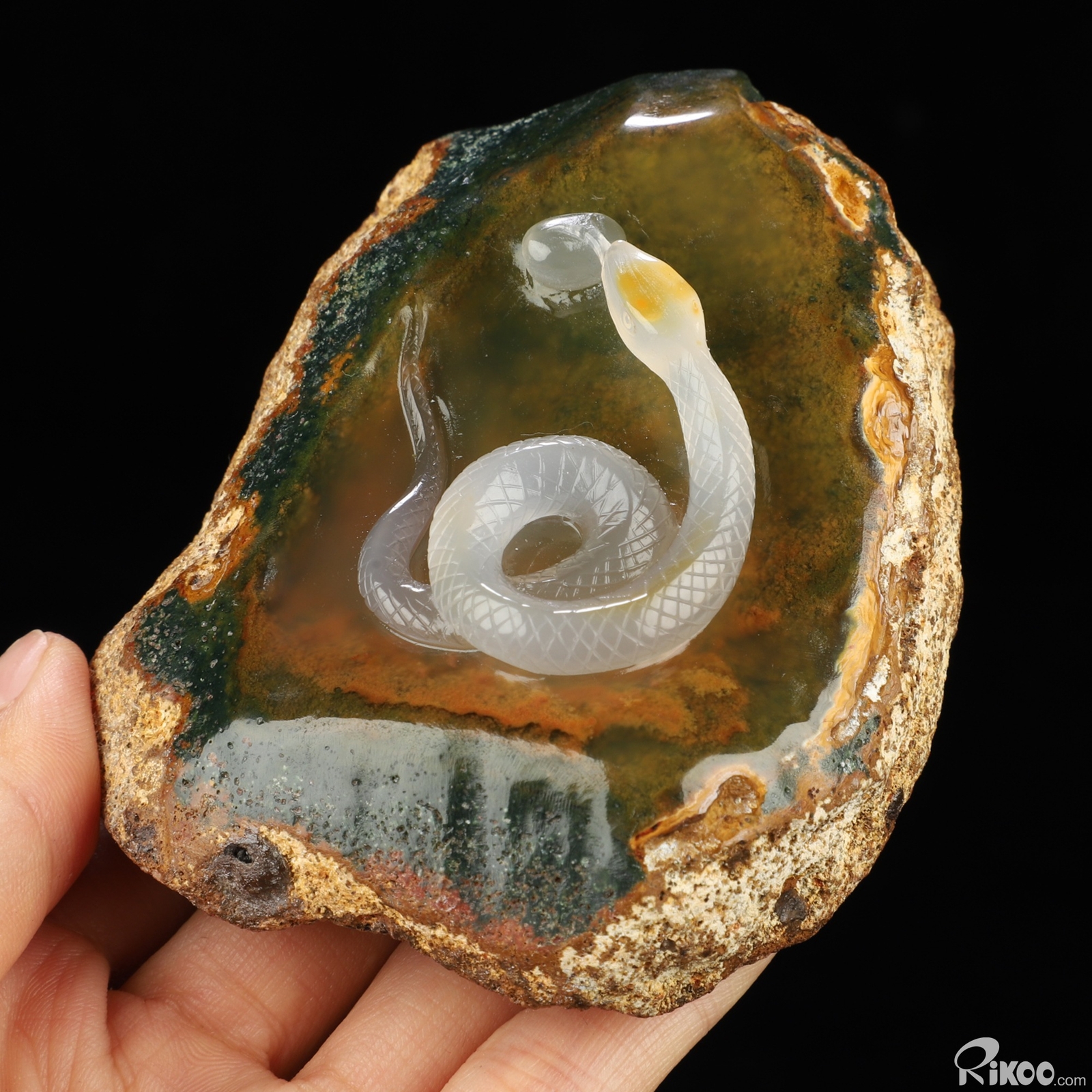 3.7″ Green Moss Agate Hand Carved Crystal Snake Sculpture, Crystal Healing