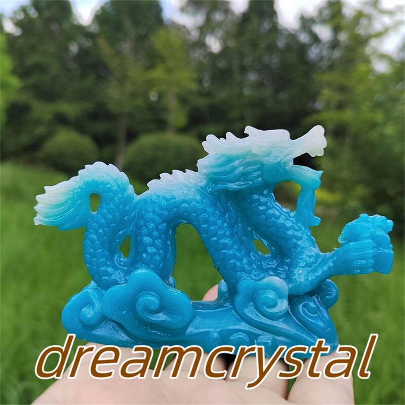 4″ Blue Luminous Stone Sculpture Chinese Dragon Resin Sculpture Skull Gift 1pc