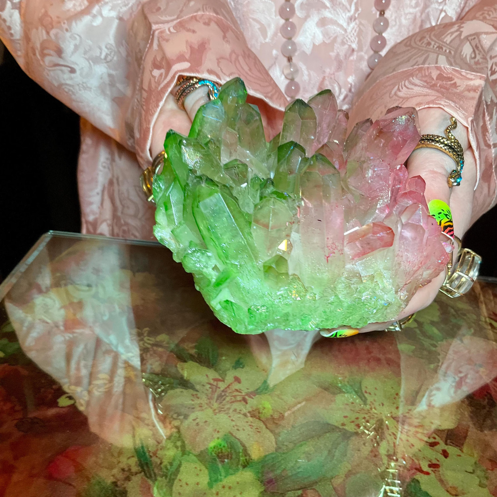 Pink & Green Aura Quartz Crystal Cluster ~ Large 1 Lb. 4 oz. ~ 4″ Long ~ Electr