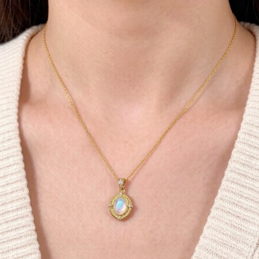 Natura Opal oval Pendant Necklace Jewelry Gemstone S925 Silver Plated 18K Gold