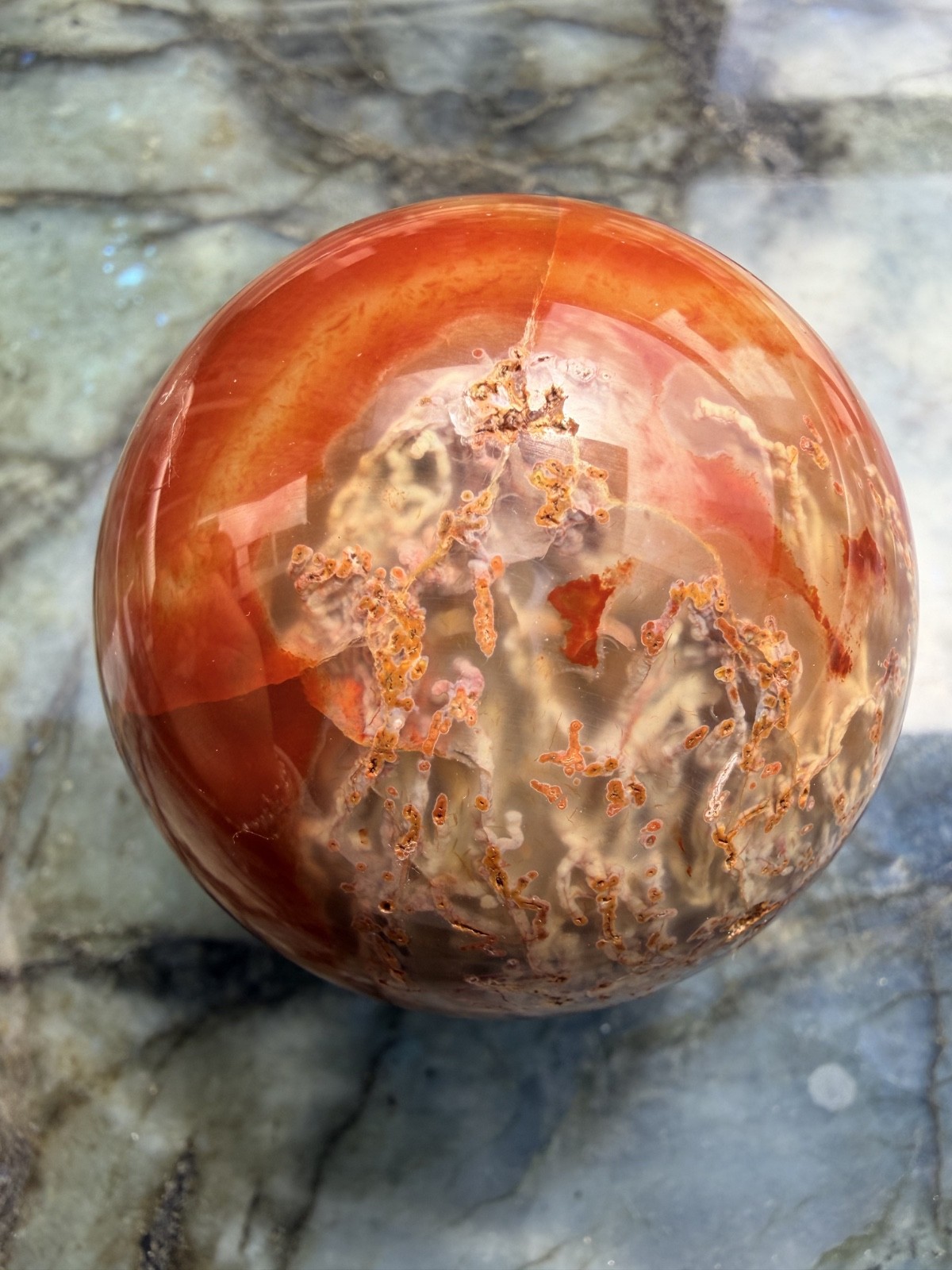Beautiful Carnelian Moss Agate Sphere | Collector’s Piece | 2.68″