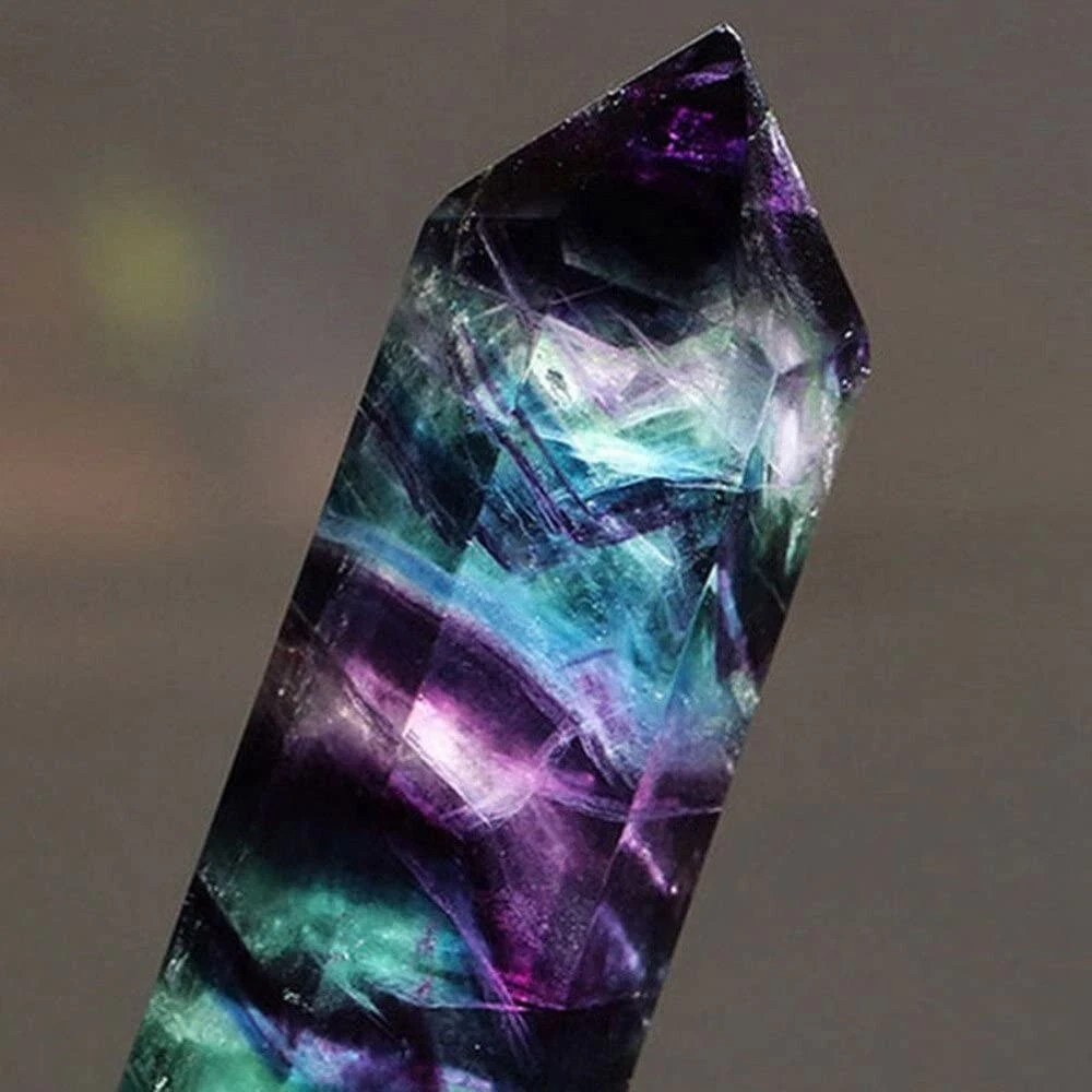 Natural Rainbow Fluorite Tower Obelisk Healing Crystal Point Reiki Wand Decor