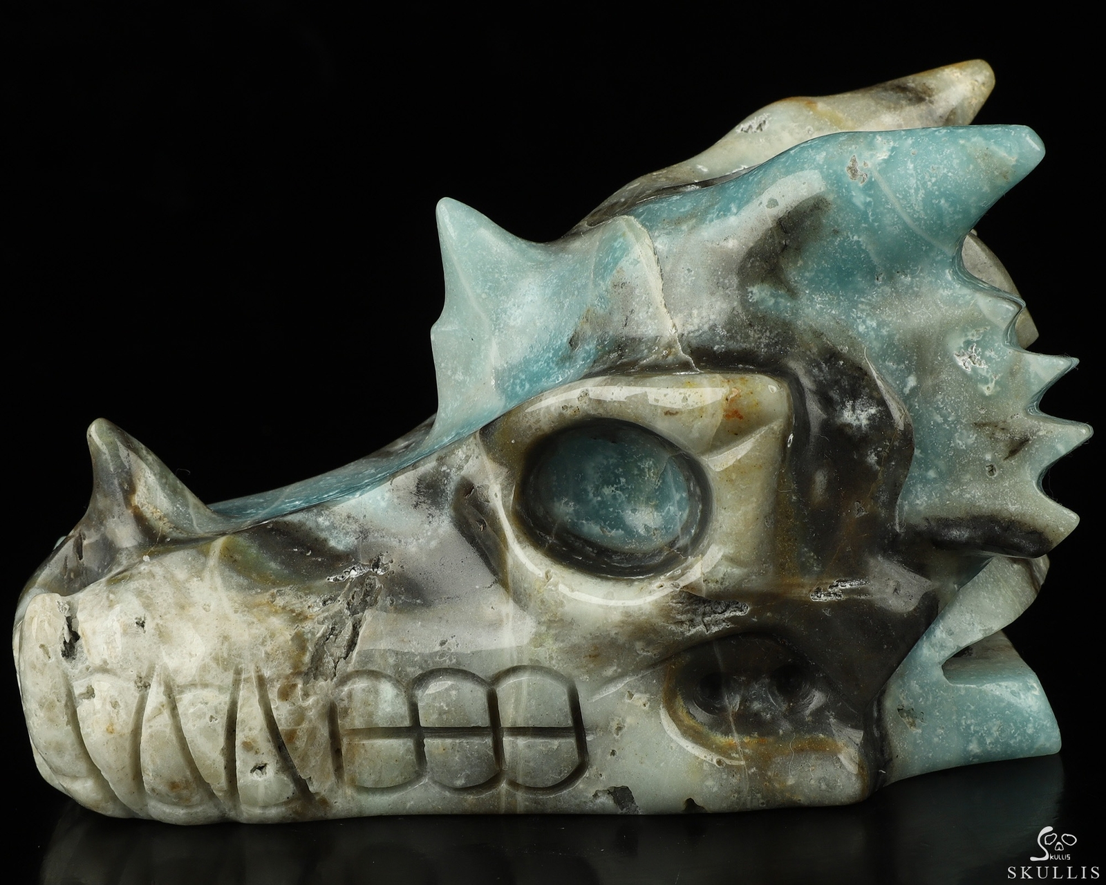 5.0″ Chinese Amazonite Hand Carved Crystal Dragon Skull Sculpture, Healing