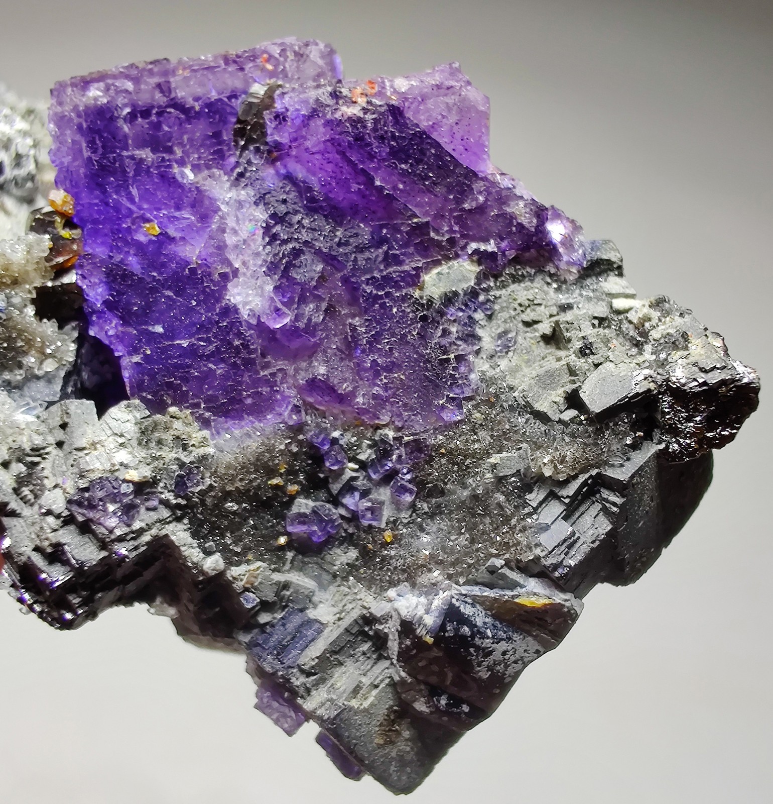 Fluorite on Galena, Sphalerite, Quartz crystals. Illinois. 25 grams.