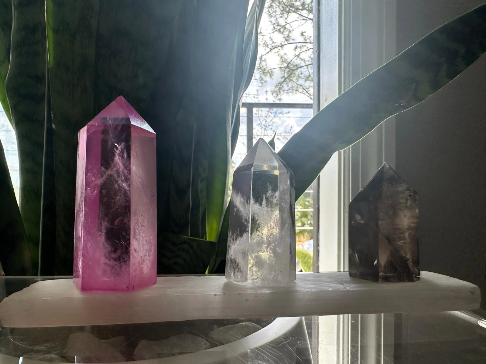 Desk Crystal Set: Selenite, Clear, Smoky, Pink Aura Quartz Towers