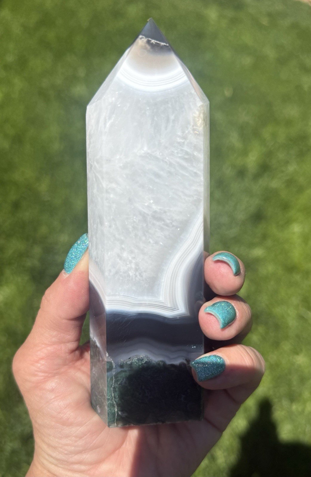 Large Natural Moss Agate in Quartz Crystal Tower White Plume Green Moss 6”