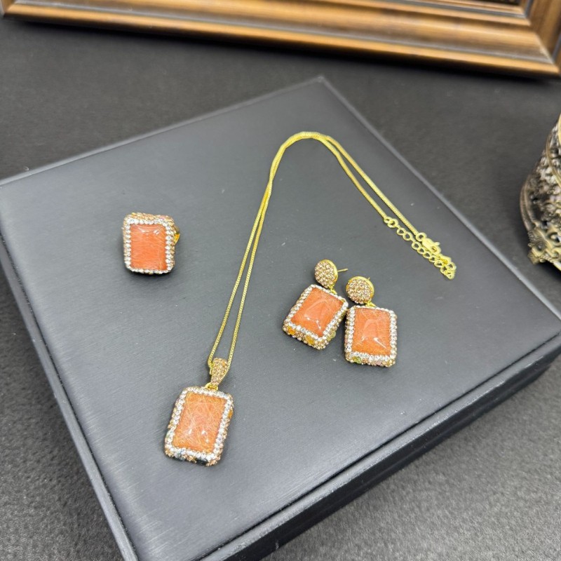Natural stone square necklace set with retro style ring earrings