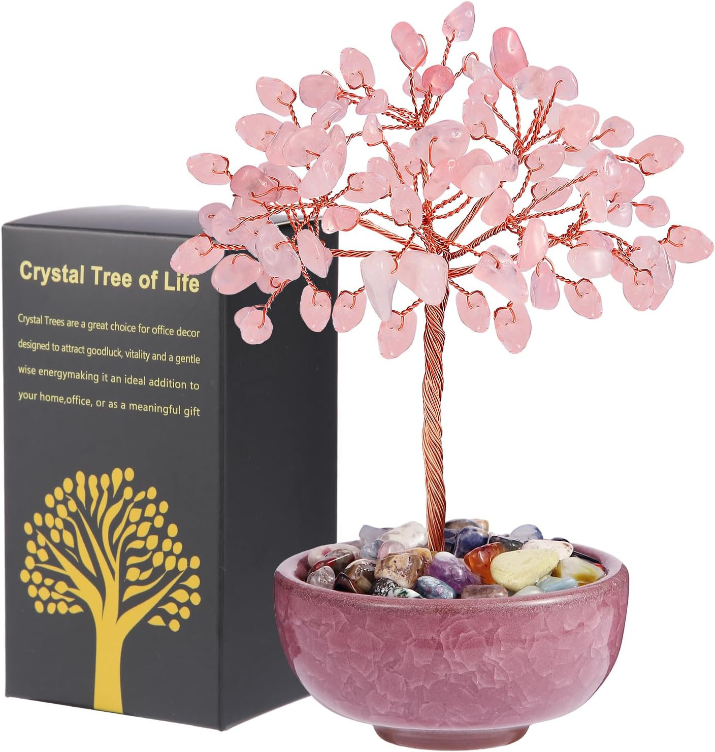 Handcrafted Rose Quartz Abundance Tree with Ceramic Base,5 Inch Natural Crystal
