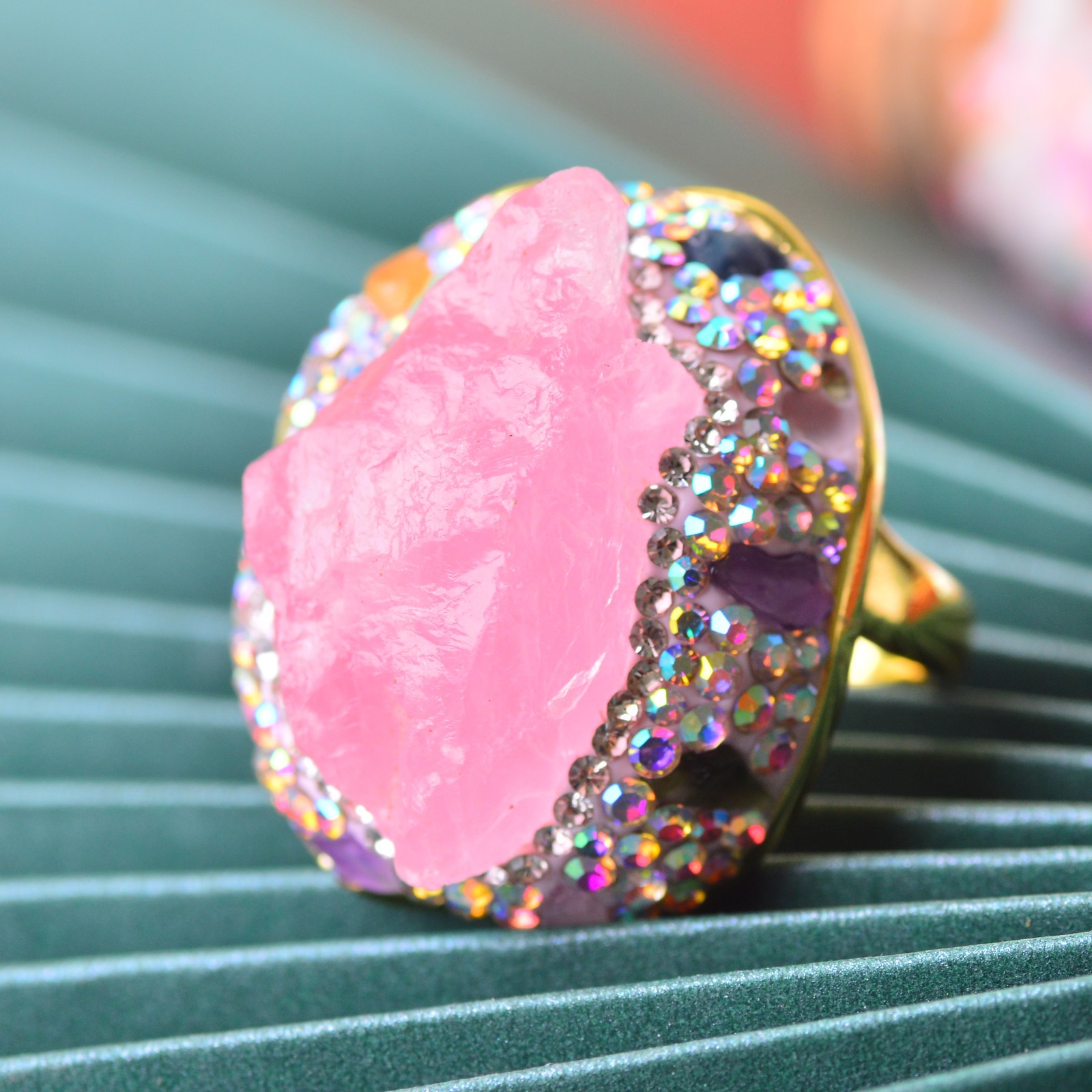 pink quartz ring, alloy inlaid with handmade gemstone jewelry Love Stone