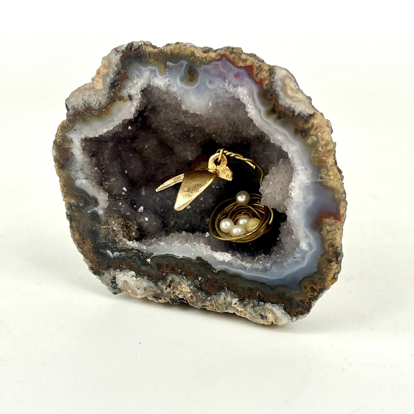 OOAK Genuine Natural Geode Crystal w/ Brass Mini Bird & Nest Figurine Unique Art