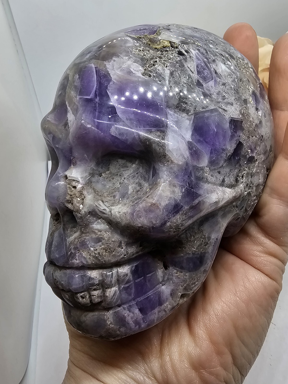 Large Chevron Dream Amethyst Skull carving crystal purple 734g 9x7x6cm