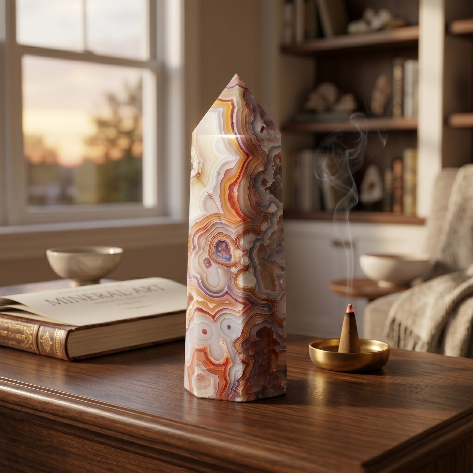 Crazy Lace Agate Crystal Point Tower Natural Stone Home Office Desk Decor Gift