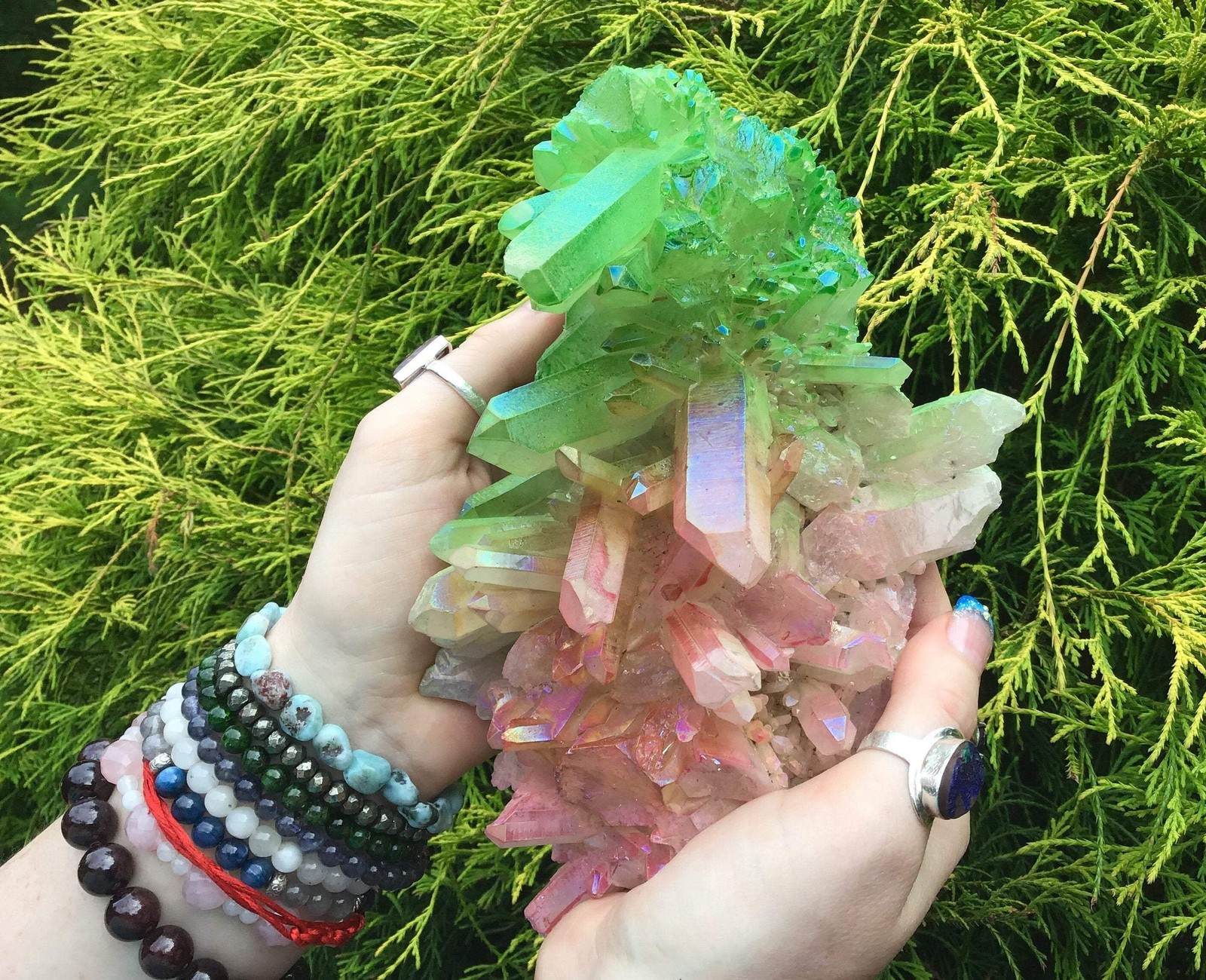 Pink & Green Aura Quartz Crystal Cluster ~ Large 2 Lb. 8 oz. ~ 8″ Long ~ Electr