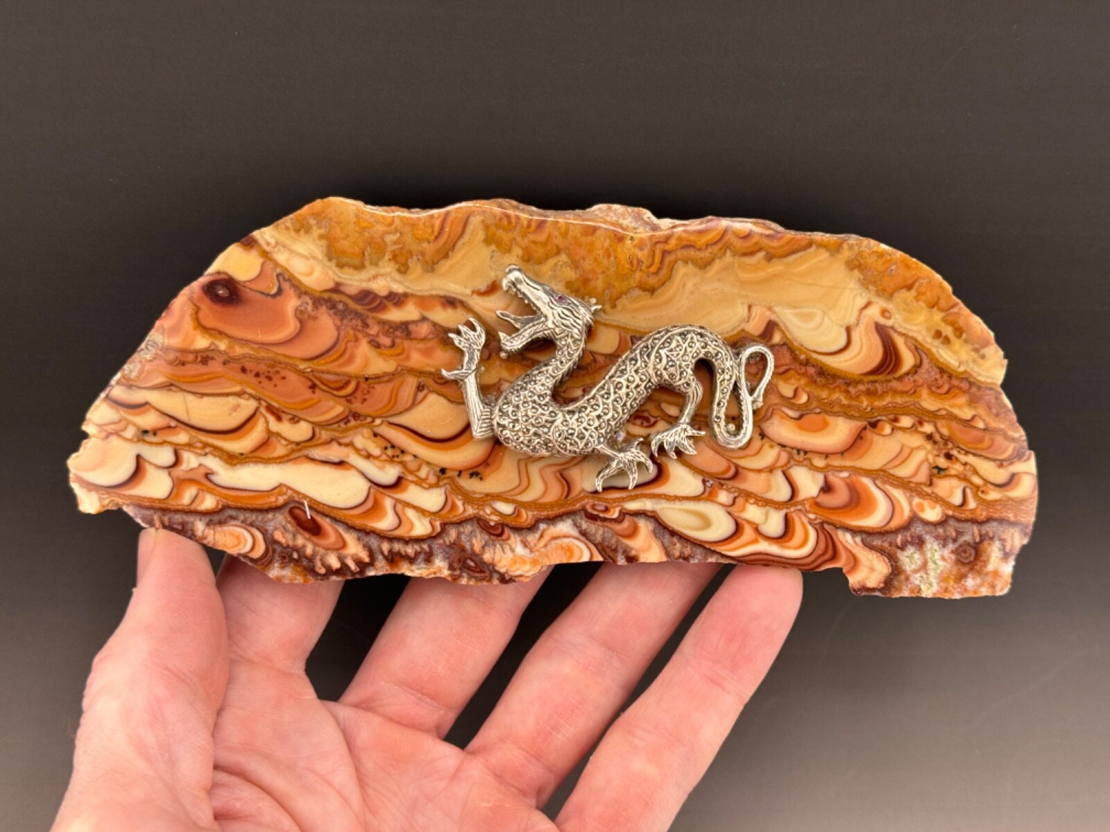 164 gr Wave Dolomite Slab Sterling Silver and Marcasite Dragon Amazing Piece!
