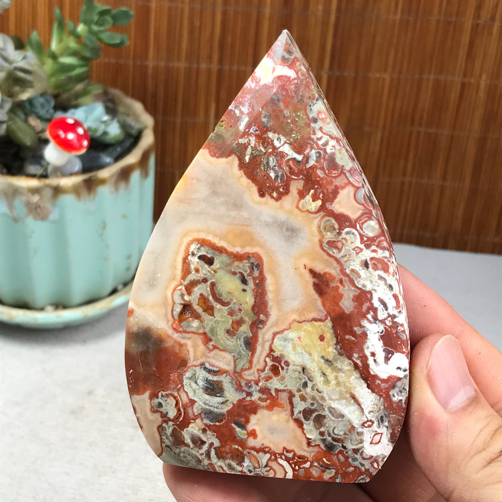 Natural money Mexico agate hand carve leaf Crystal Specimen free standing A6263