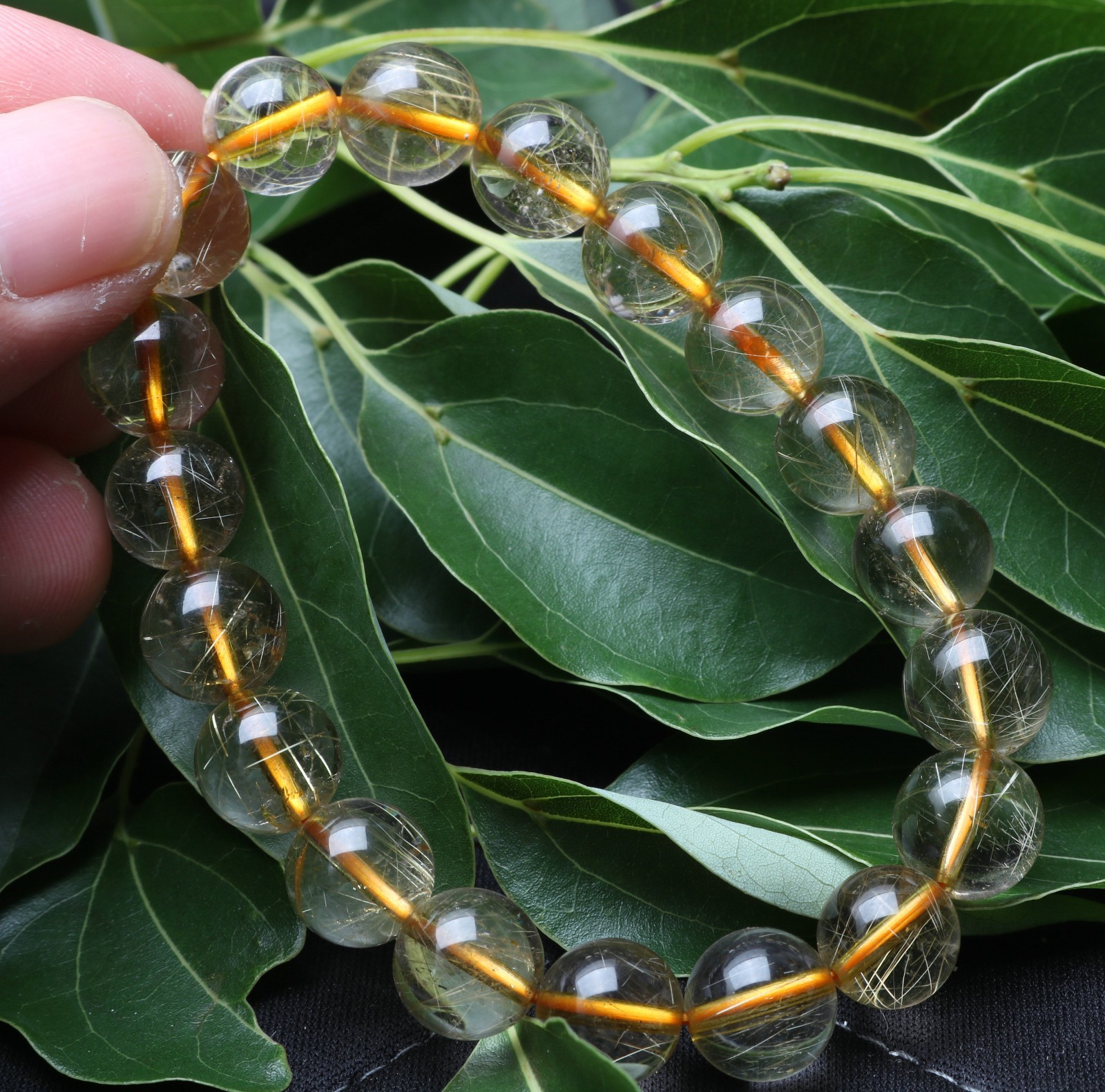 29.8g Rare Natural Clear Gold Rutilated Quartz Crystal 10mm Round Bead Hand cate