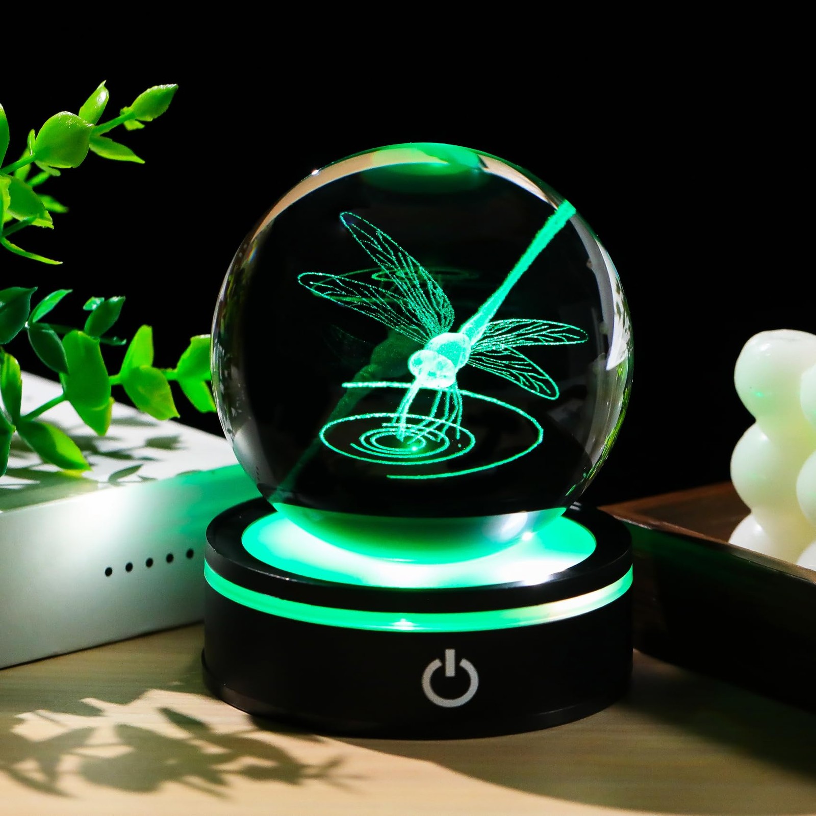 YWHL Crystal Ball 3D Dragonfly Figurine with LED Base, 3.15 inches,
