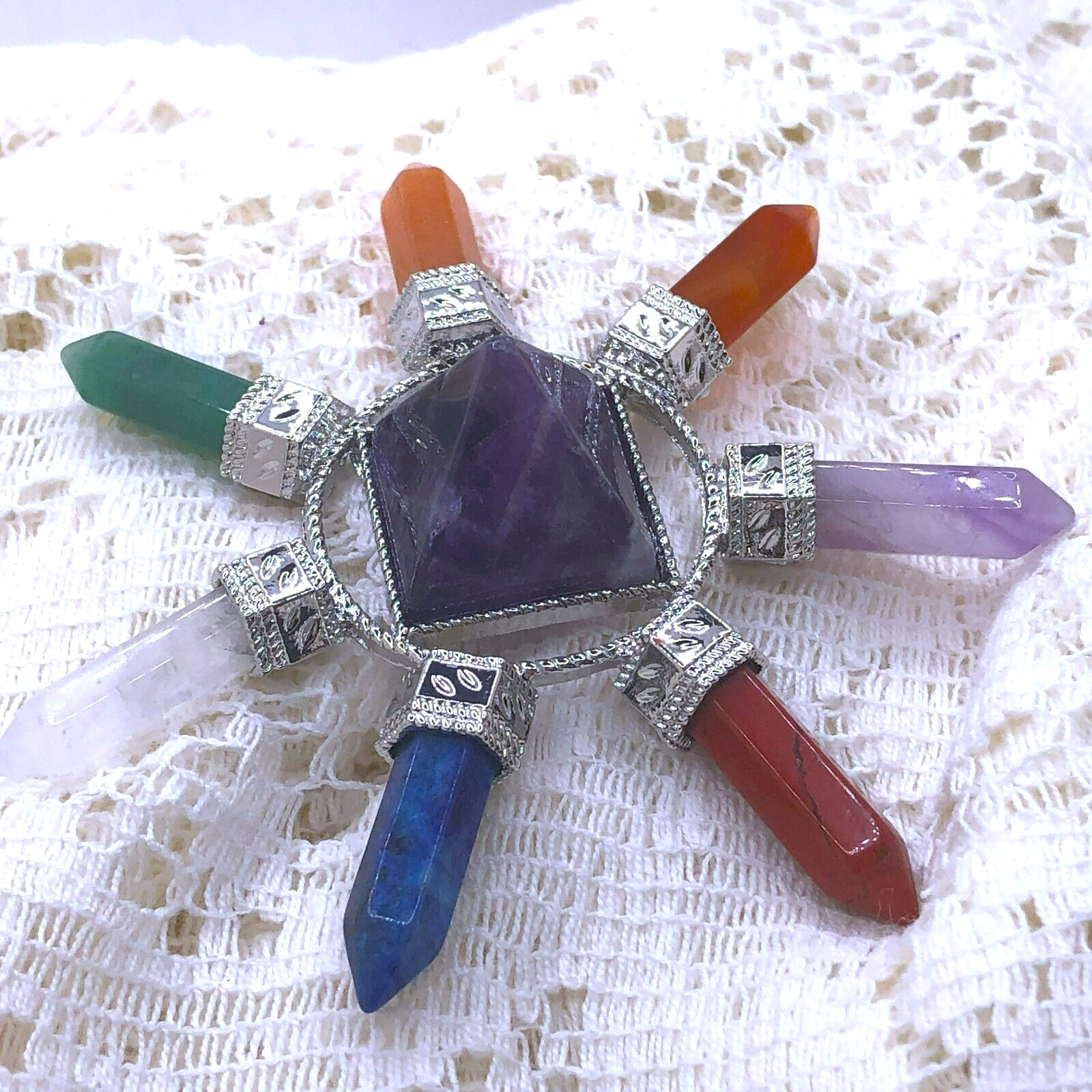 SEVEN CHAKRA STONES -Obelisks with Pyramid Center – ALTAR CENTERPIECE – Wicca 02