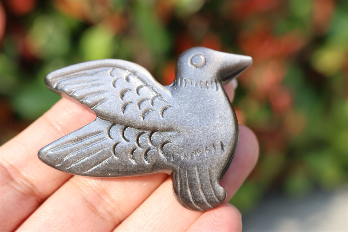 2.3” Hand Carved Natural Silver obsidian Hummingbird Crystal figurine gift 1x