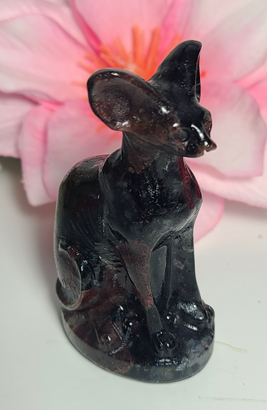 3″ 108g Garnet Arfvedsonite Egyptian Hairless Cat Crystal Stone Carving Statue