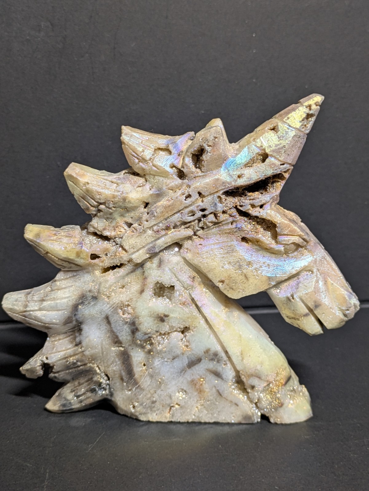 Aura Sphalerite Crystal Unicorn Carving Shiny Blue Purple Pink Gold With Druzies