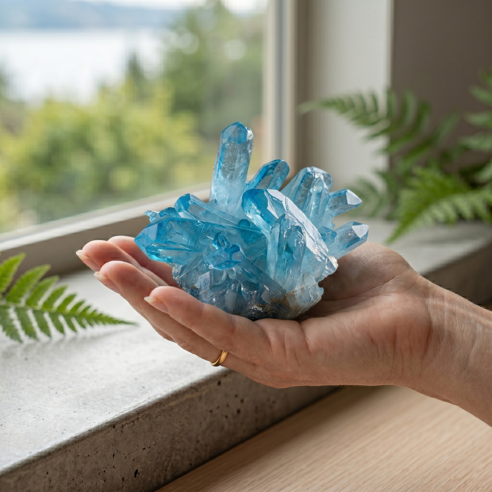Aqua Aura Blue Quartz Titanium Cluster Mineral Specimen Geode Ornament 80-100g