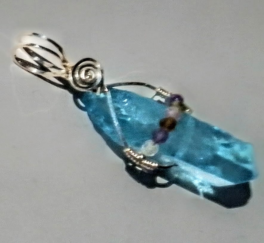 Aqua Aura Quartz Pendant w/multi Zircon beads Sterling Silver FREE SHIP 003