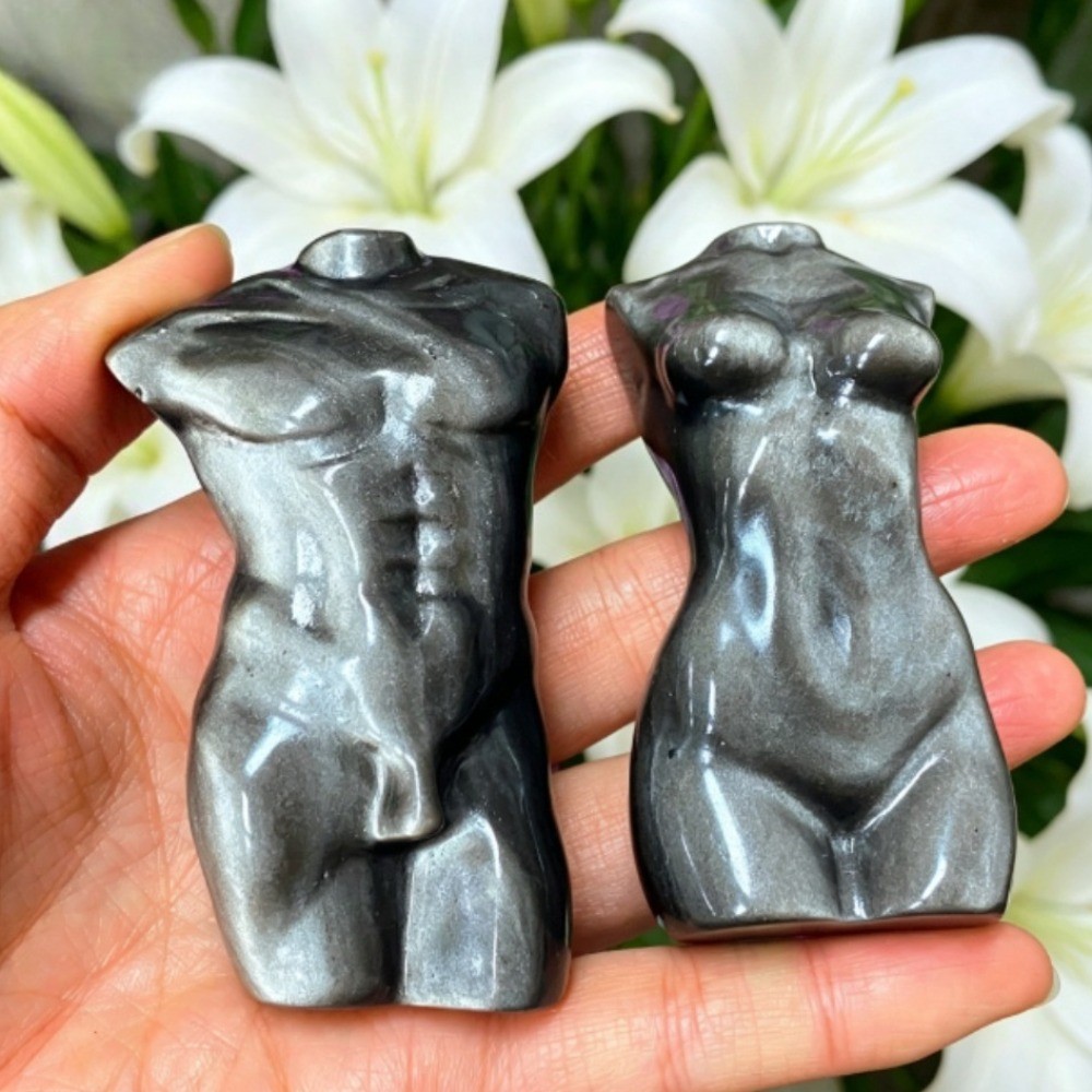 Natural Silver Obsidian Male & Female Pair Body Torso Human Model Crystal 2pcs