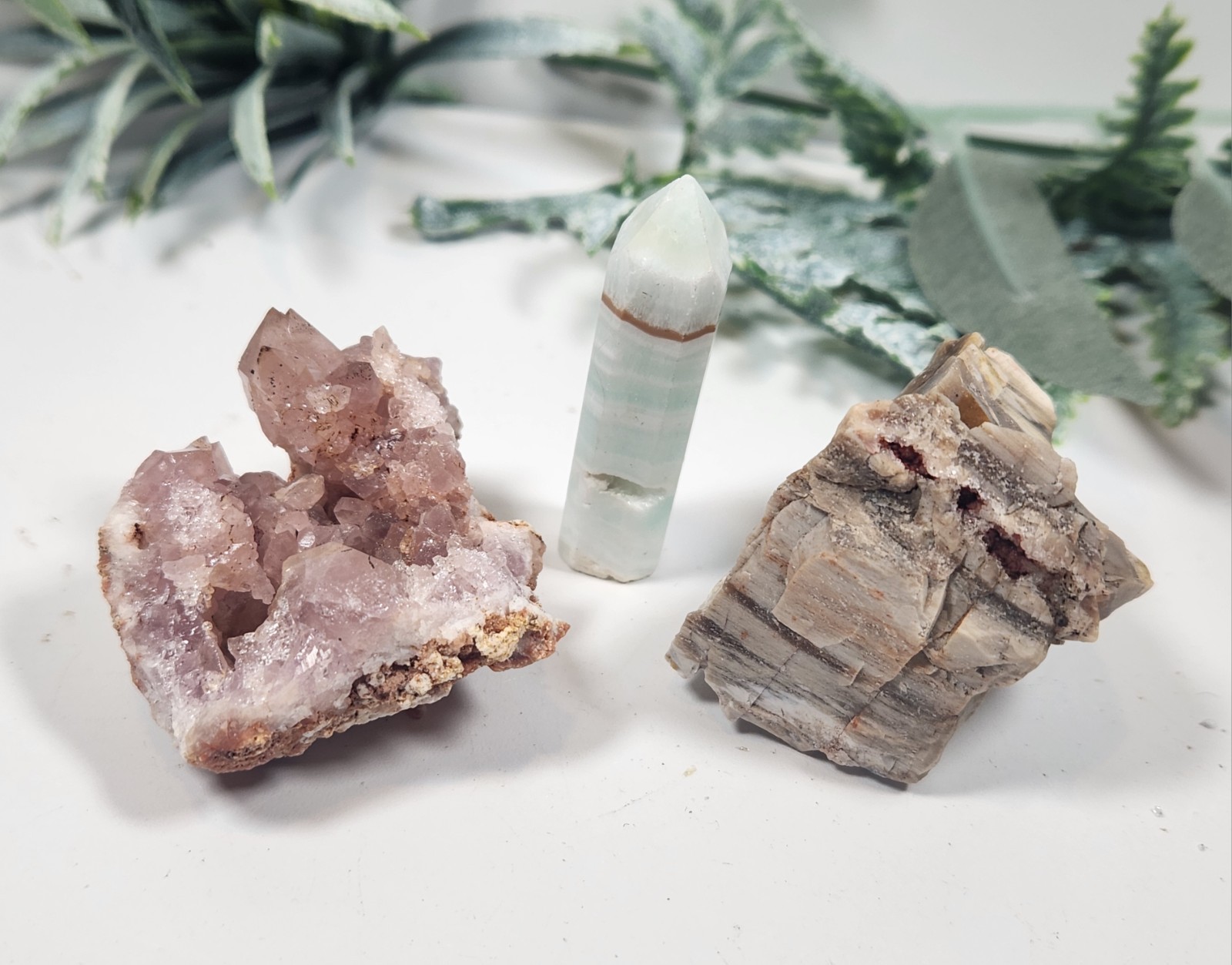 3 Pc Crystal Set Pink Amethyst Geode, Caribbean Calcite, Petrified Wood w Druzy