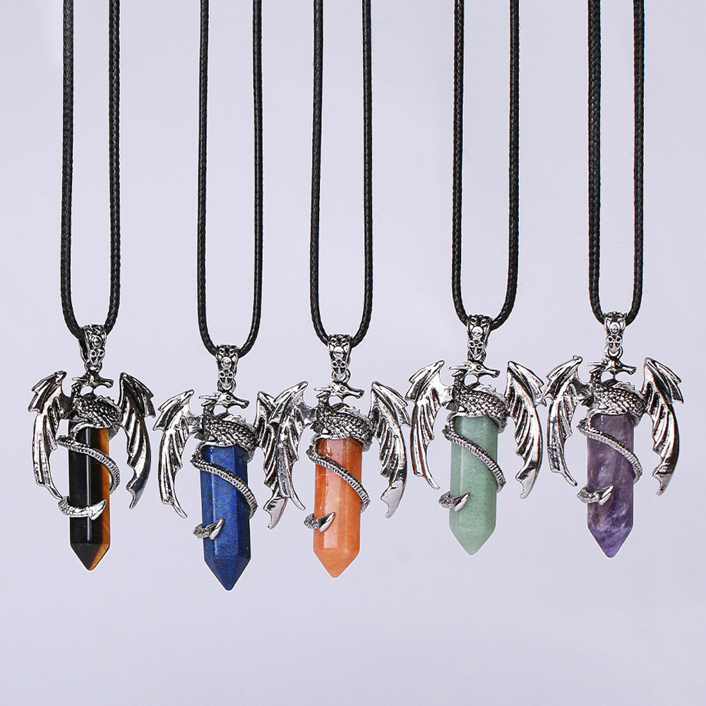 Natural Crystal Quartz Dragon Hexagon Stone Pendant Man Necklace Healing Reiki