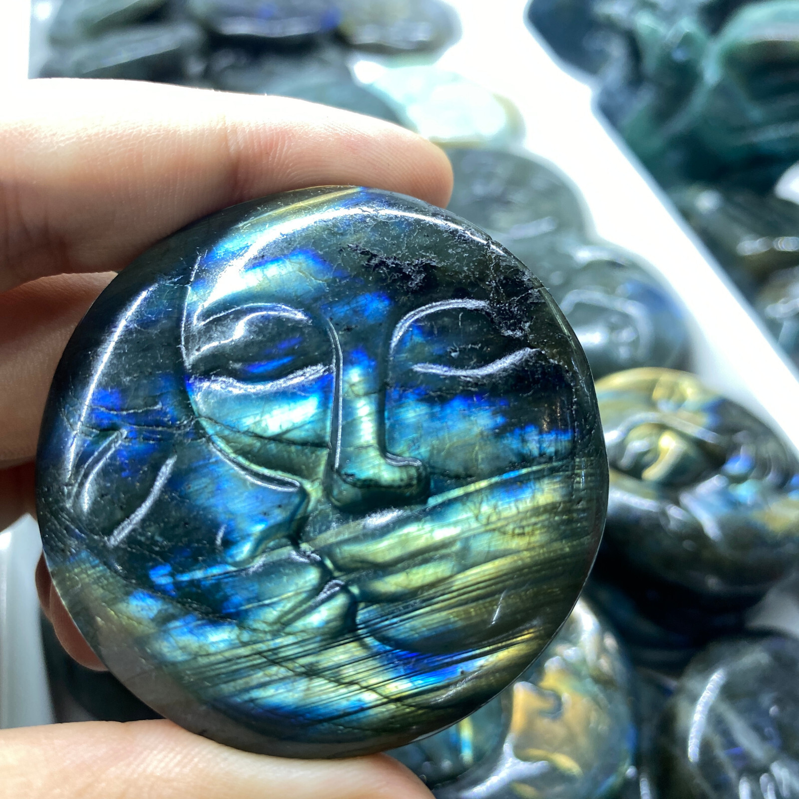 1PC Natural Labradorite sun moon Carved Quartz Crystal Skull gift Healing