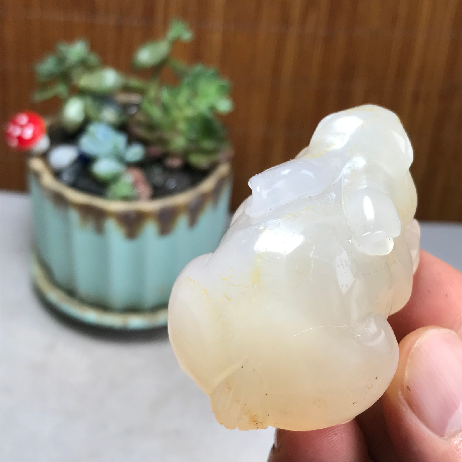 Natural agate carve Rabbit & Copper Coin Figurine, Feng Shui Wealth Luck 83
