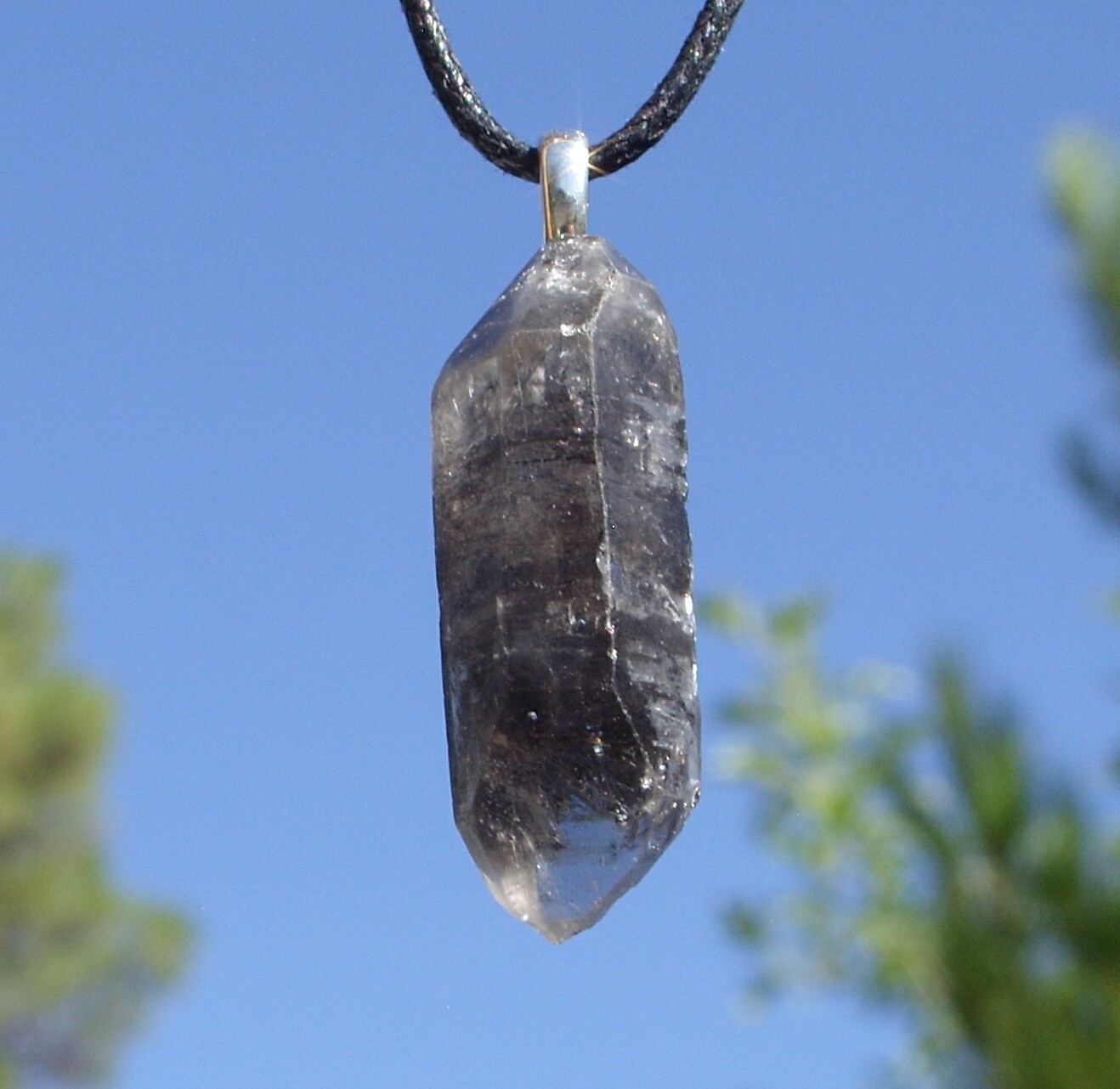 Tibetan Black Quartz Double Term Crystal Point Free Form Stone Pendant Necklace