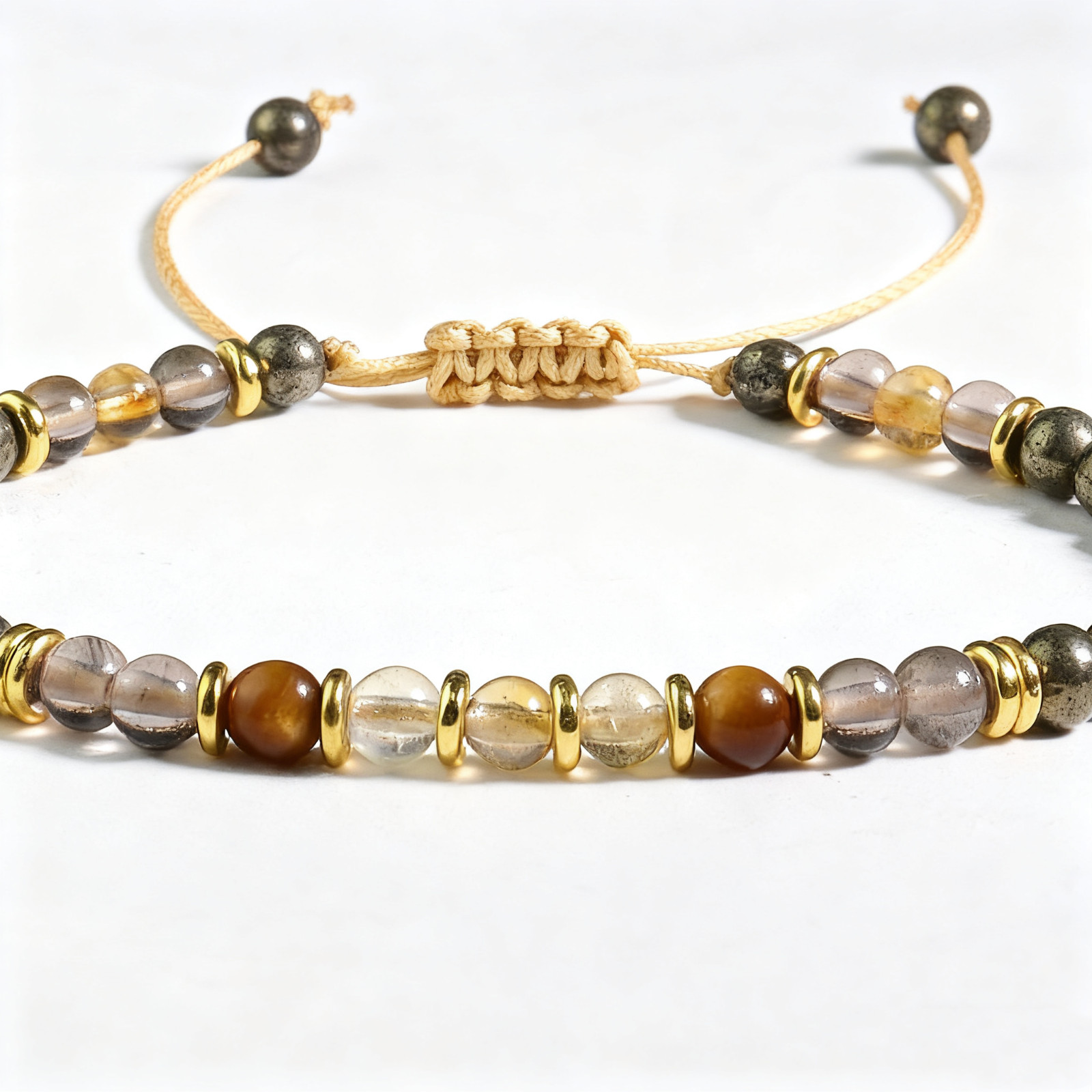 Natural Gemstone Healing Bracelet, Citrine Smoky Quartz Tiger Eye Pyrite, Energy