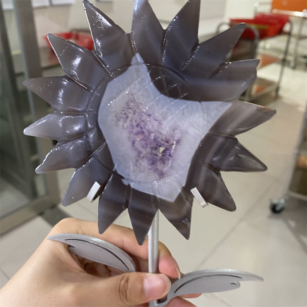 0.8LB 8.2″ A++Natural Druzy Amethyst Sun Flower Crystal Reiki Heal Carving Decor