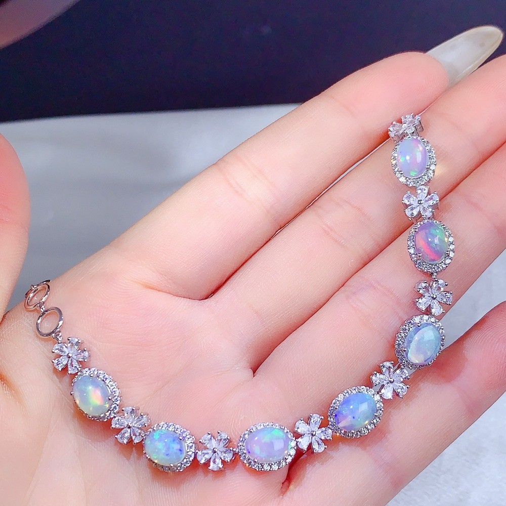 Natura oval opal bracelet Gemstone jewelry S925 Silver Plated 18K Gold Gift