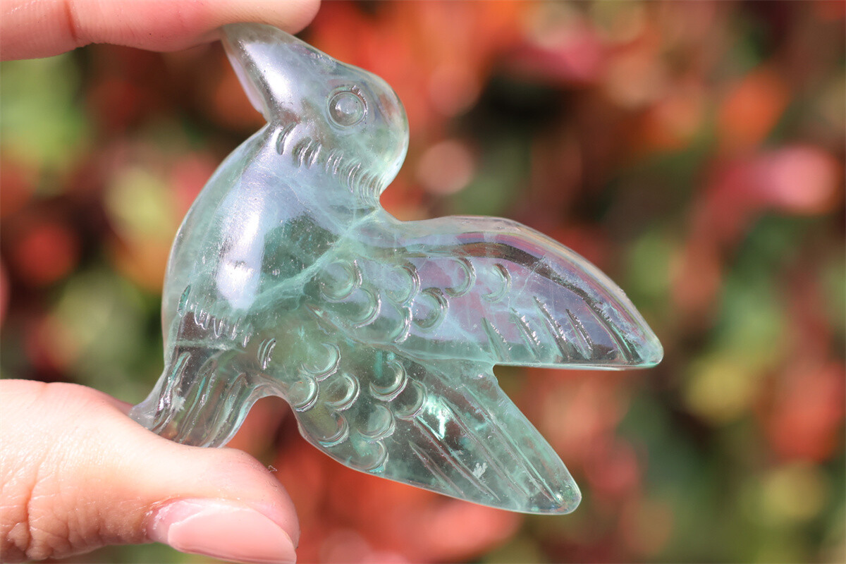 2.3” Carved Natural fluorite Hummingbird Crystal Skull decor reiki gift 1pc