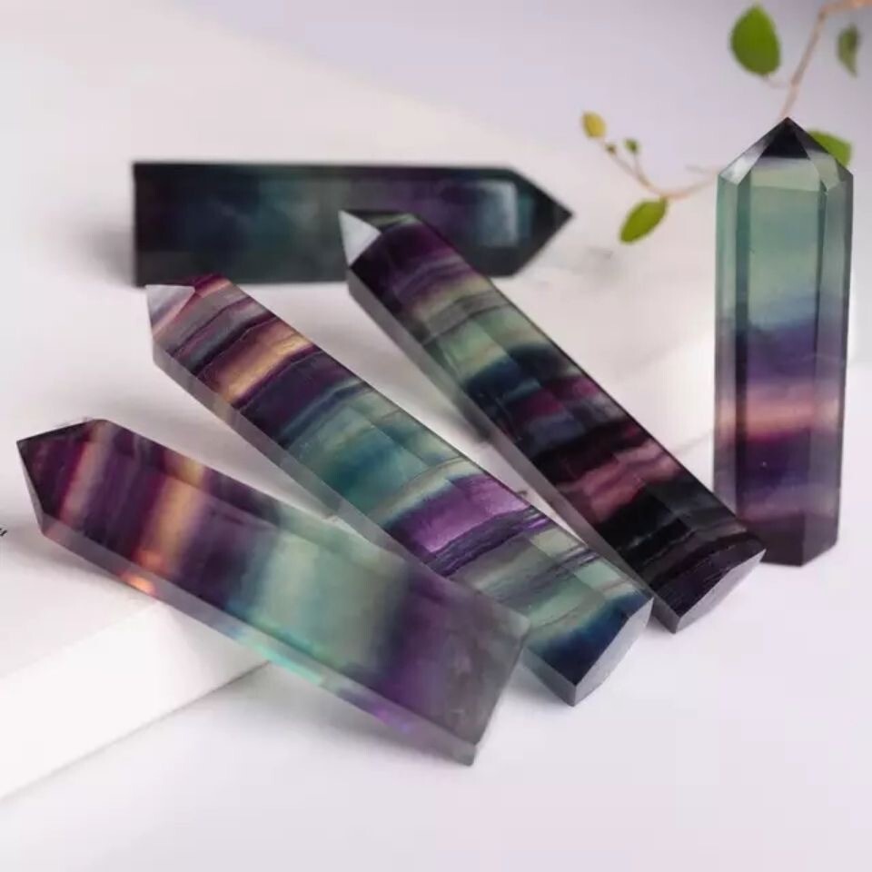 Rainbow Fluorite Healing Crystal Wands Obelisk Reiki Tower Point Home Decoration