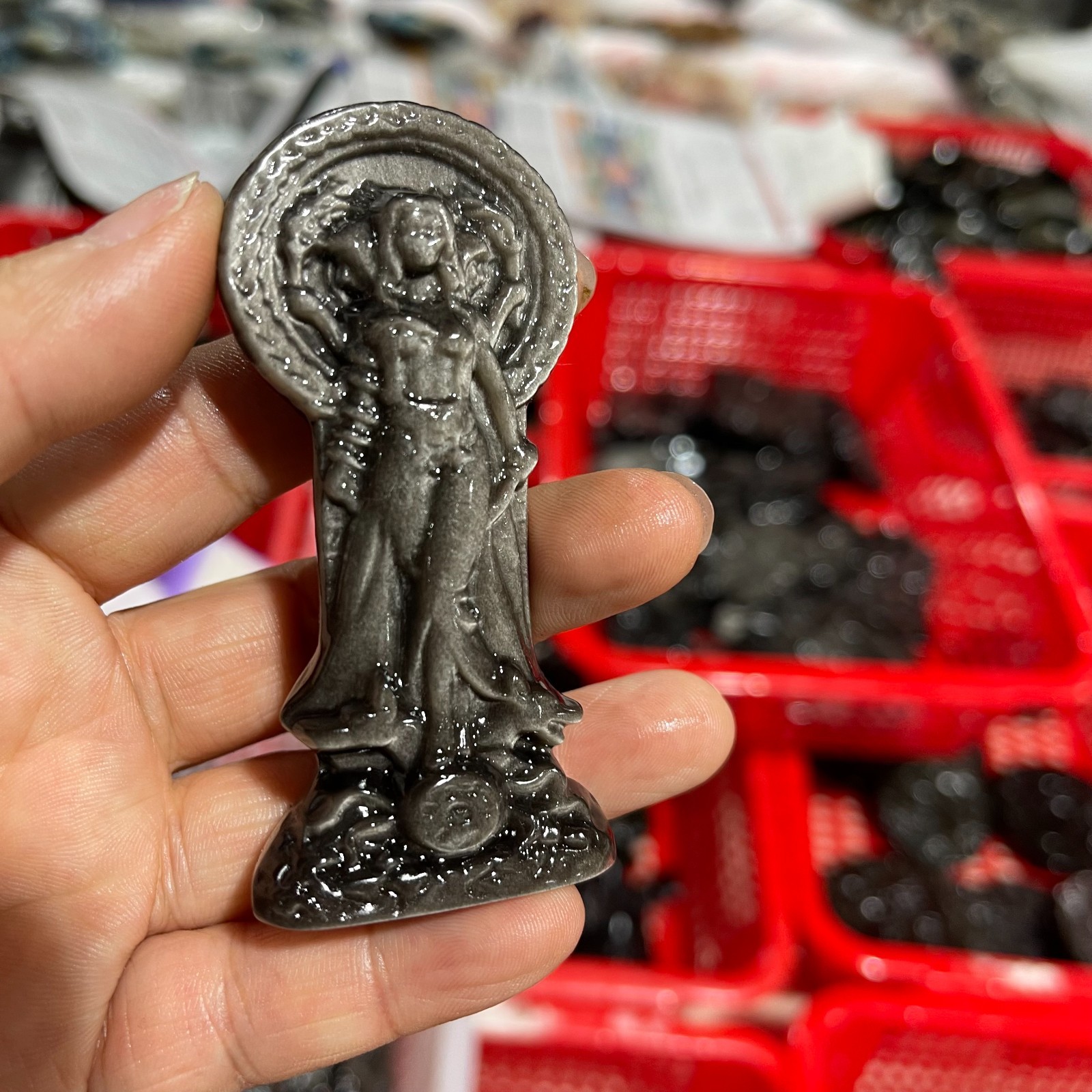 Silver Sheen Obsidian Hecate Goddess Statue,Hand-Carved Greek Moon Goddess 1pc
