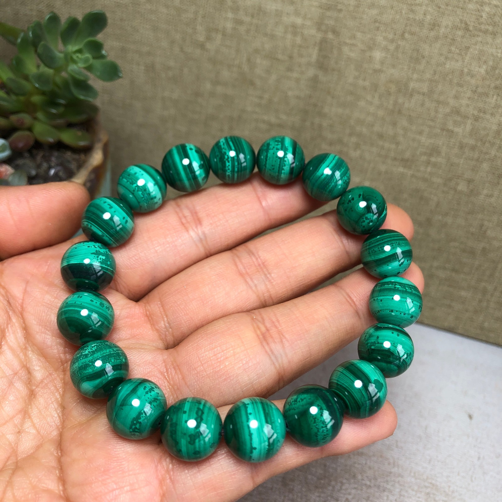 12mm Natural malachite gemstone Crystal chain beads bracelet 67g A4759