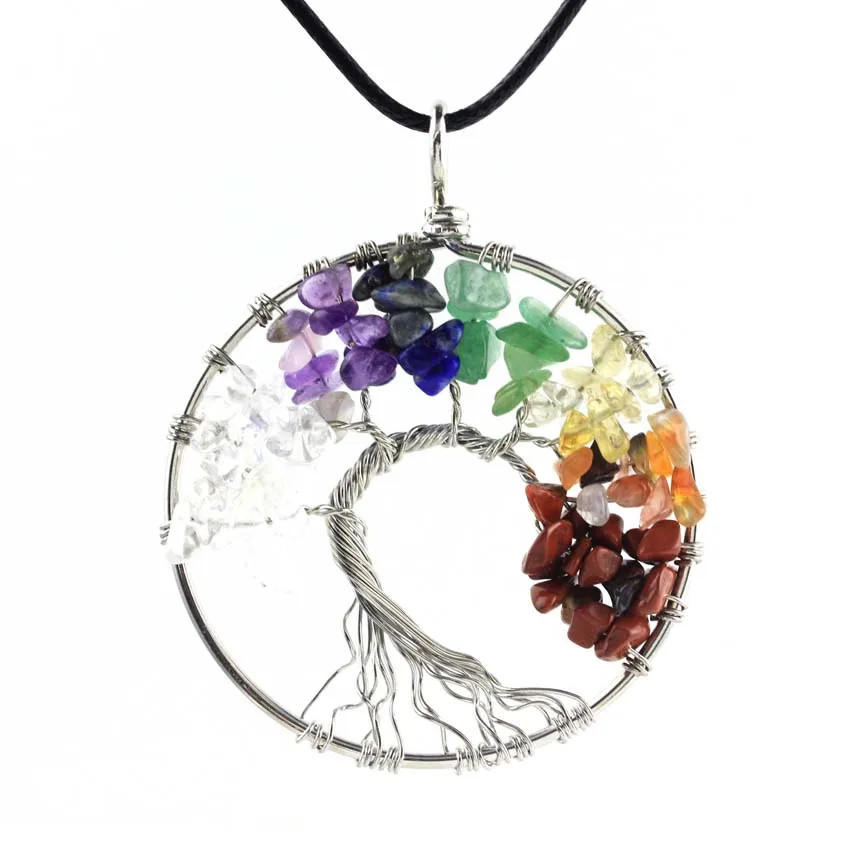 KFT Natural Tree of Life Stone Pendant Amethysts Crystal Reiki Wire Wrapped roun