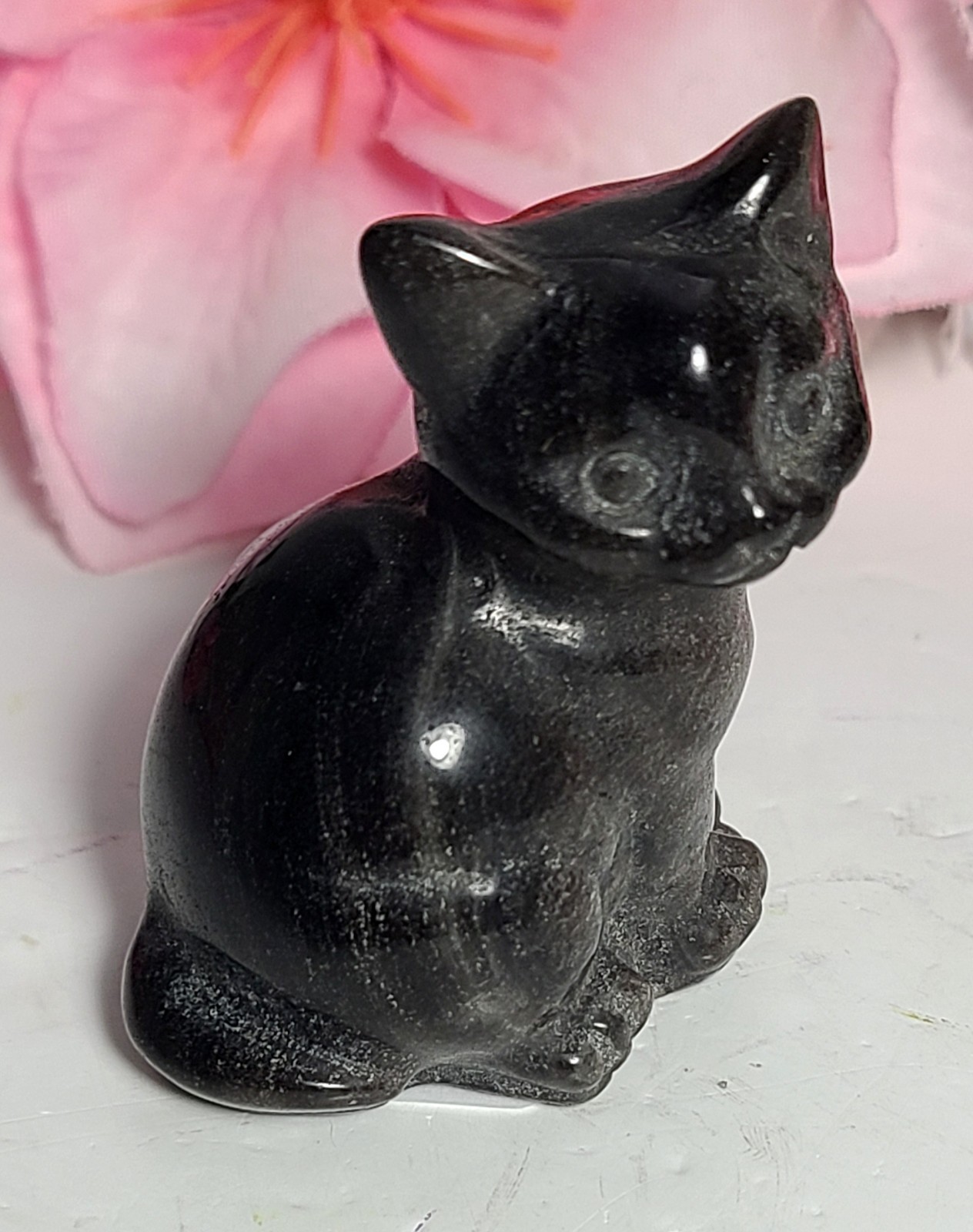 2″ 54g Adorable Silver Sheen Obsidian Sitting Cat Crystal Stone Carving Statue