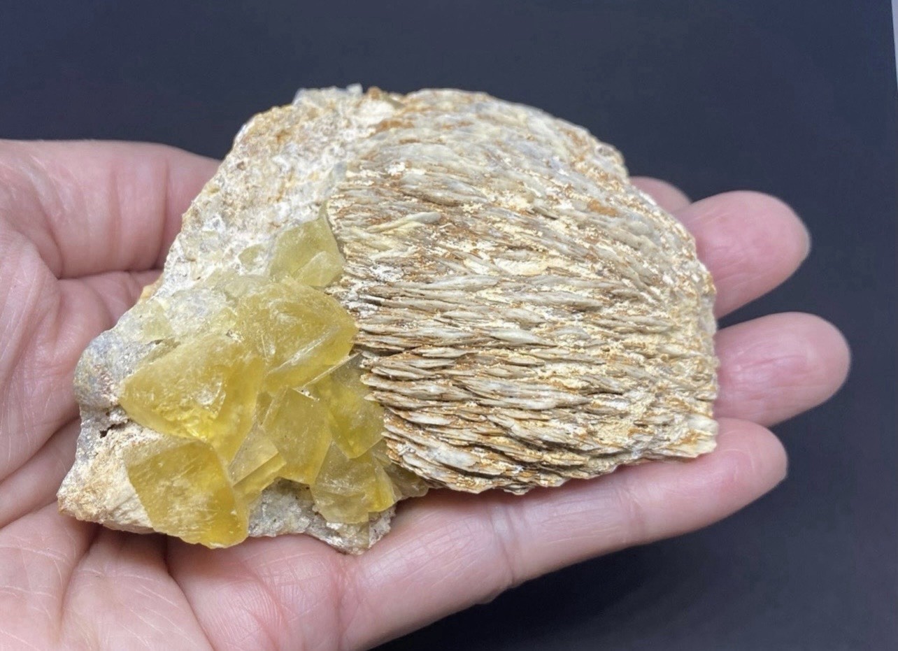 Yellow Fluorite Cubed Stone on Barite from Morocco 309g Over 3in -Fluorescent