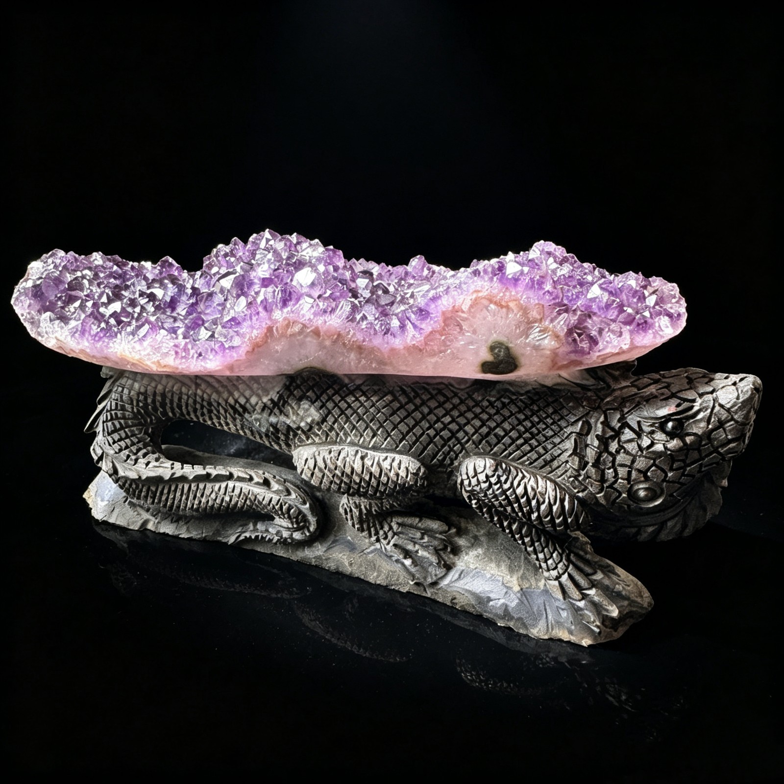 Hand Carved Amethyst Cluster Lizard Figurine Natural Crystal Reptile Sculpture 7