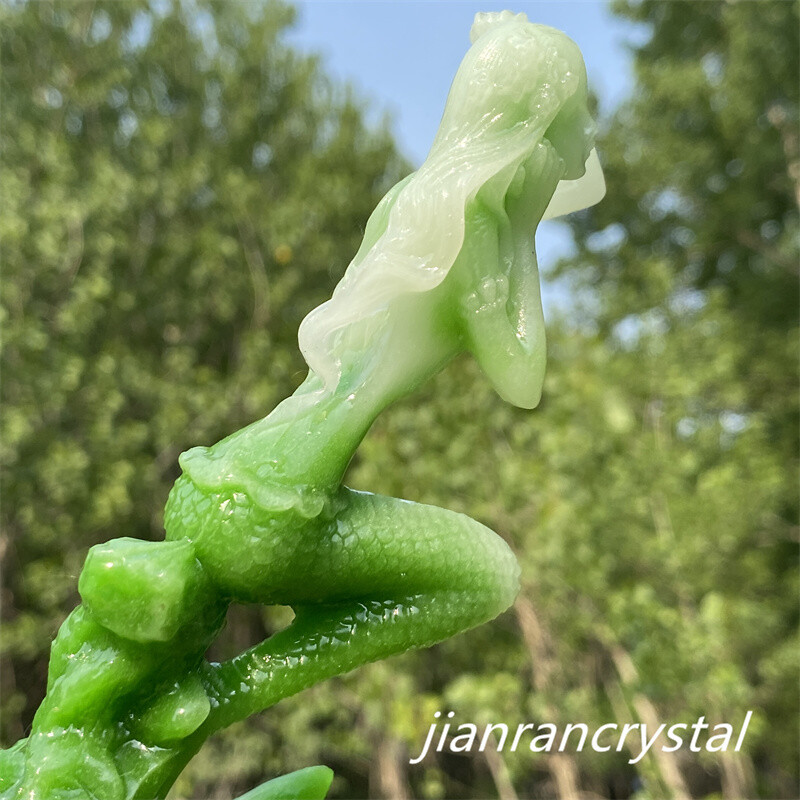 4″ Green Luminous Stone Quartz Hand Carved Mermaid Crystal Skull Reiki Healing