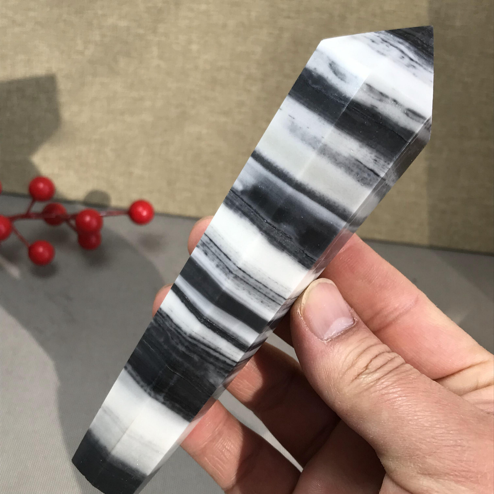 151mm Long Natural Taiji Stone stripe wand Obelisk Crystal specimens 255g A5779