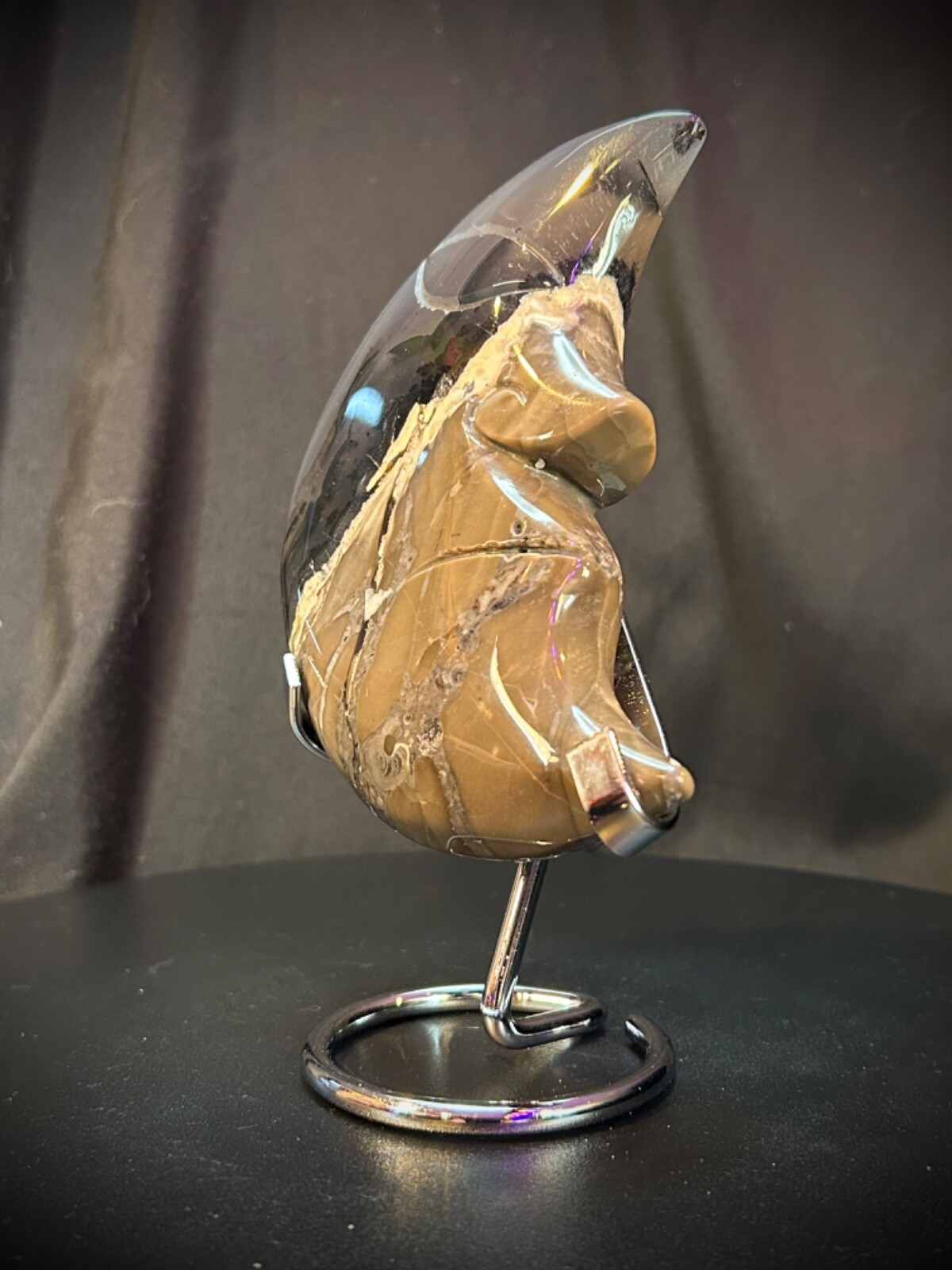 5.25″ Volcano Agate Moon With Custom Metal Stand 1lb 1 oz UV Reactive