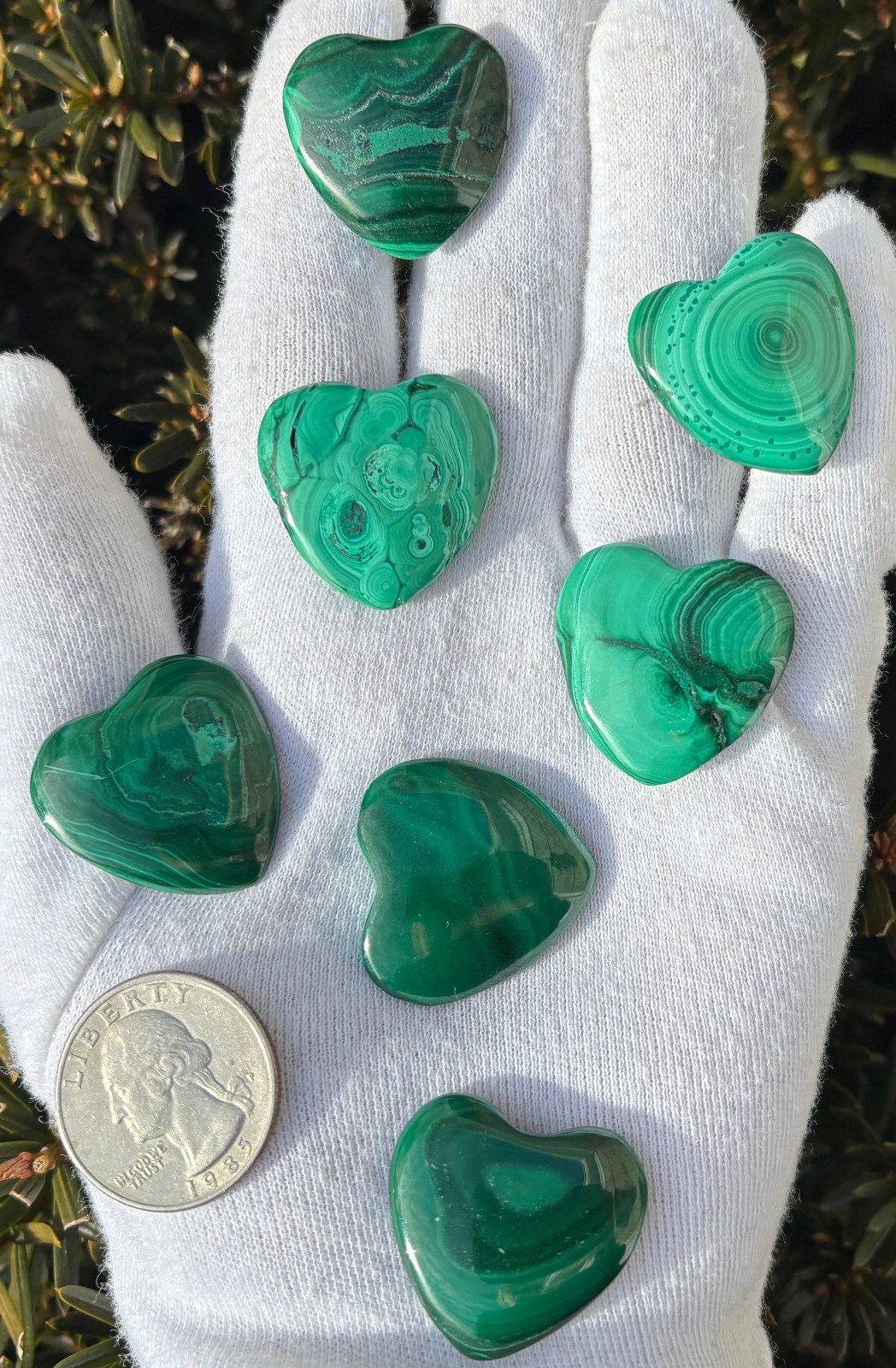 USA SALE 67g LOT 7 MALACHITE POLISHED SMALL HEARTS HEART POCKET PALMSTONE PALM